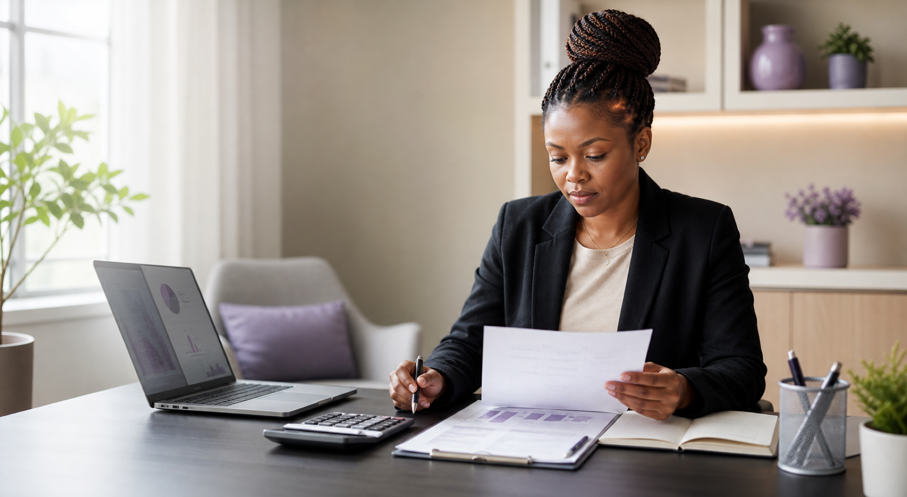 Woman accountant reviewing financial reports at a workstation