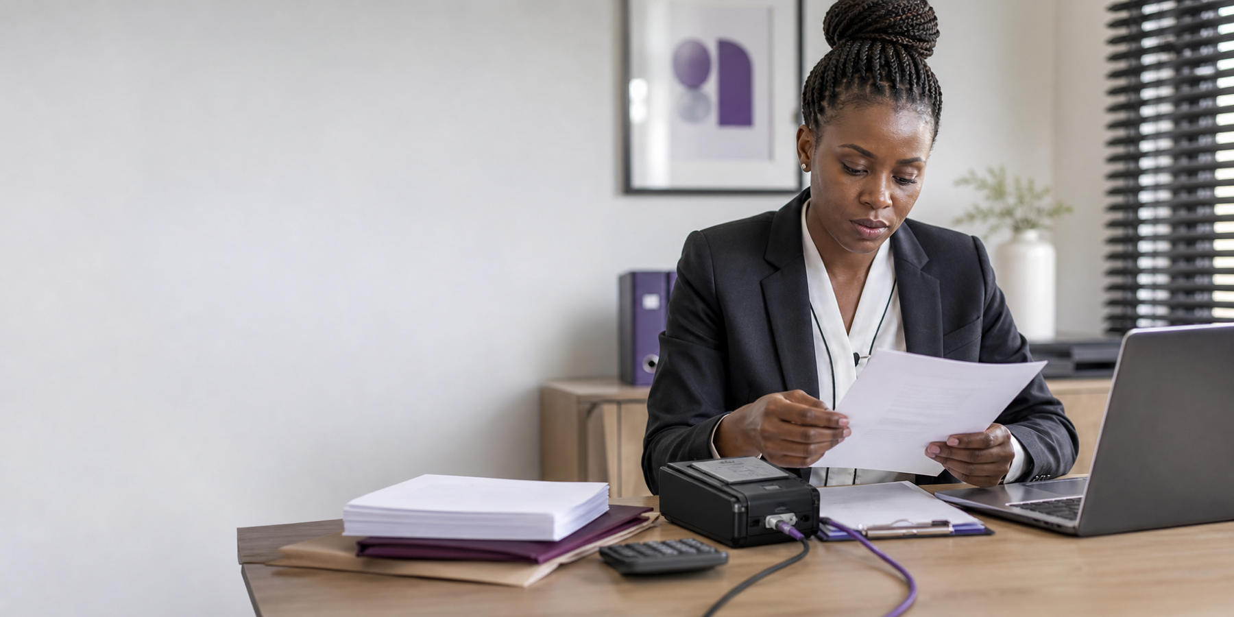 Accountant reviewing fiscalisation documents beside a laptop and receipt printer