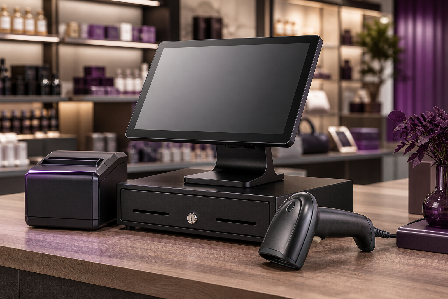 Point-of-sale terminal, barcode scanner, receipt printer and cash drawer on a retail counter